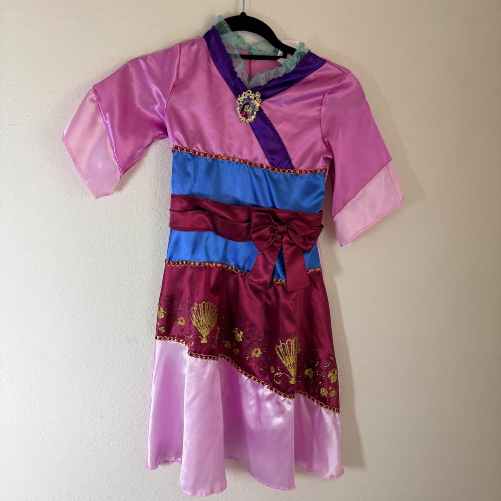 Disney Princess Mulan Costume Dress S age 4-6X Pink Blue Good Fan Sequin Accents